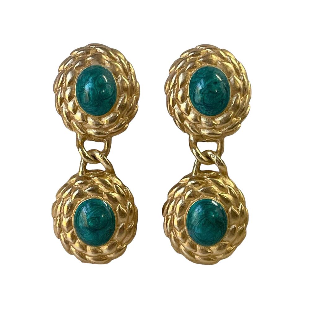 90s Liz Claiborne Satin Gold Plate Oval Teal Enamel Vintage Dangle Clip Earrings